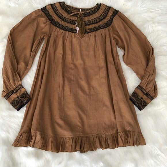 Free People Erin Embroidered Boho Mini Dress Size M NWT Long sleeve In Brown - Picture 5 of 13